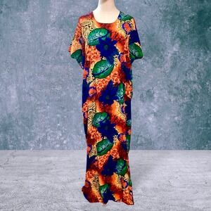 Ankara African Wax Print Maxi Dress Floral Blue Orange Caftan Boho One Size